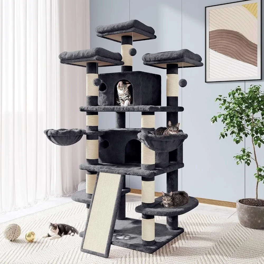 Multi-Level Cat Tree House 68-Inch with Condo, Scratching Posts, and Towers