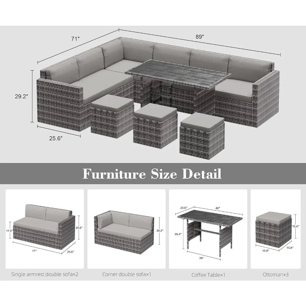 Outdoor Patio Sectional Sofa, 7 Piece Patio Furniture, All Weather PE Rattan with Cushions and Table