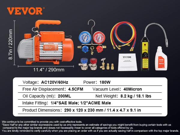 VEVOR 3.5 HVAC Air AC Vacuum Pump & A/C Refrigerant Kit Manifold Gauge Set for Air Conditioning