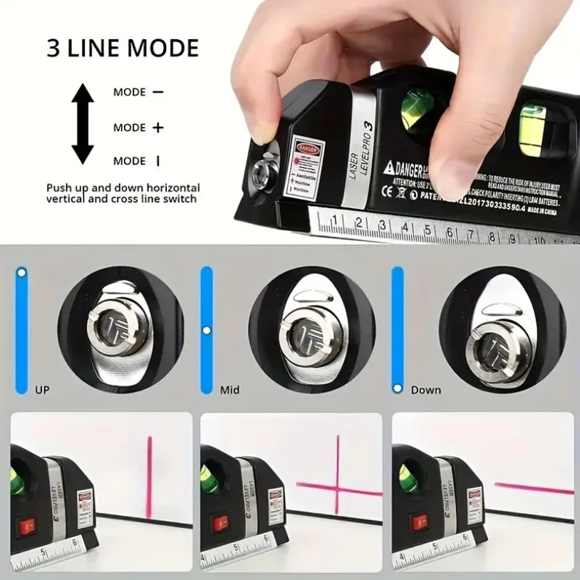 3-in-1 Laser Level – Cross Line Laser with Built-in 8ft (2.5m) Tape Measure & Metric Rulers