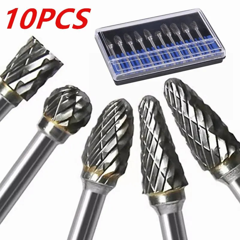 10-Piece Carbide Burr Set - Double Cut Tungsten Steel Rotary Files for Woodworking & Metalworking