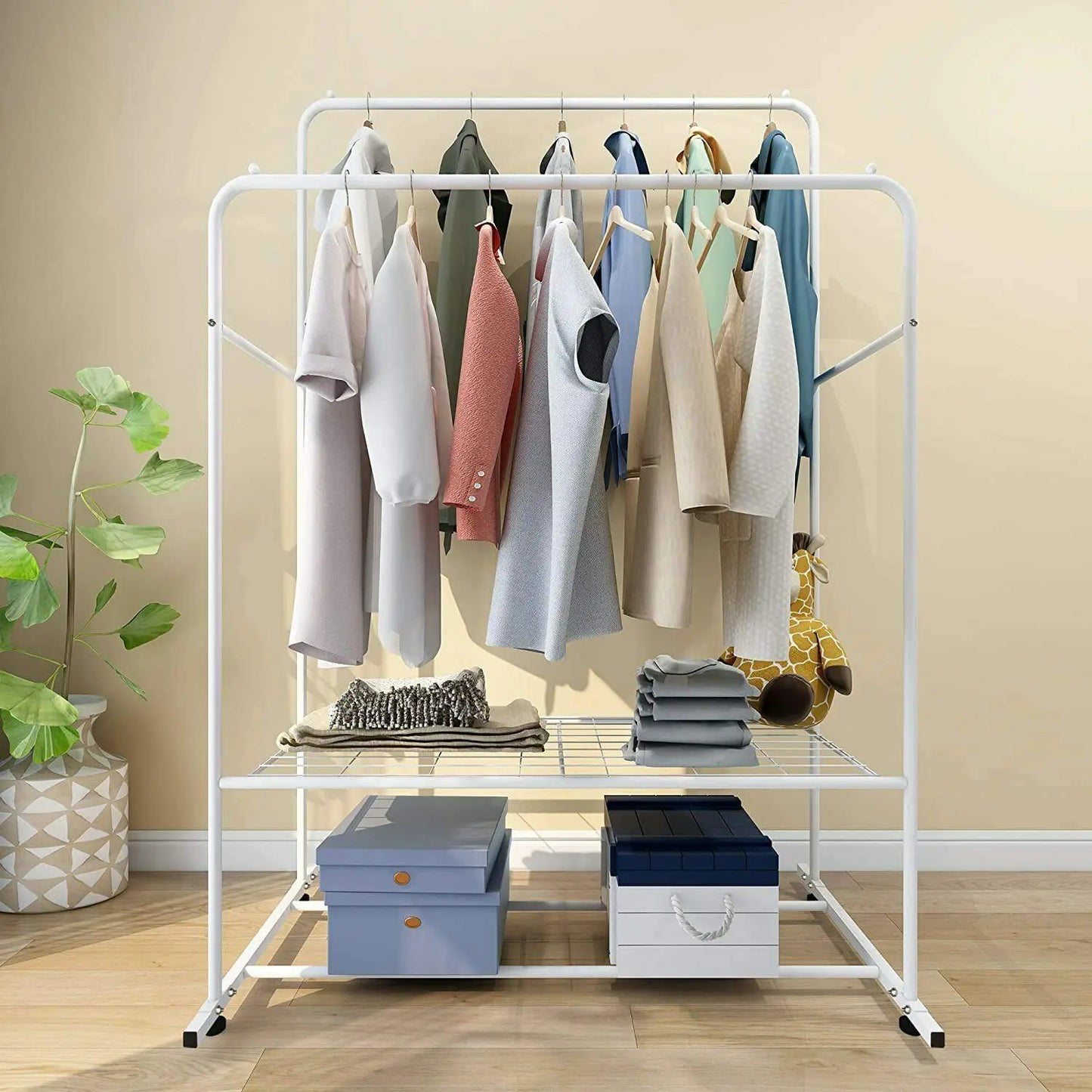 Rolling Cloths Rack Double Rail with Shoe Rack Shelf