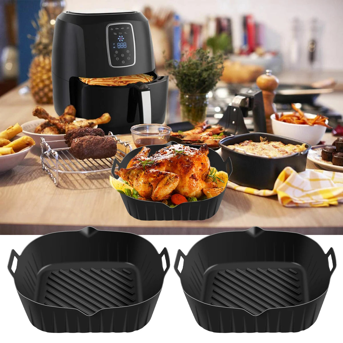 2Pcs Air Fryer Silicone Pot with Handle Reusable Air Fryer Liner Heat Resistant Silicone Basket