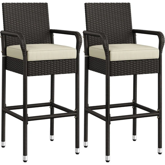 Outdoor bar stool 2-piece set, terrace wicker chair with armrests and footrests