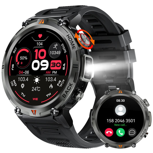 Black Bluetooth Smart Watch Full Touch Screen Health Monitor with Flashlight For iOS  Android