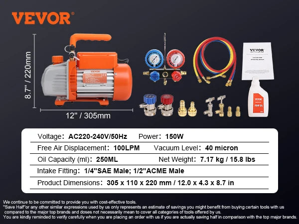 VEVOR 3.5 HVAC Air AC Vacuum Pump & A/C Refrigerant Kit Manifold Gauge Set for Air Conditioning