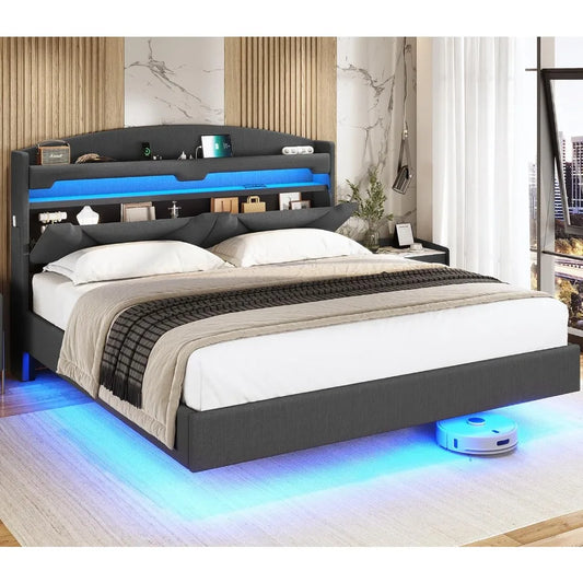 King Size  LED Bed Frame with Storage Headboard