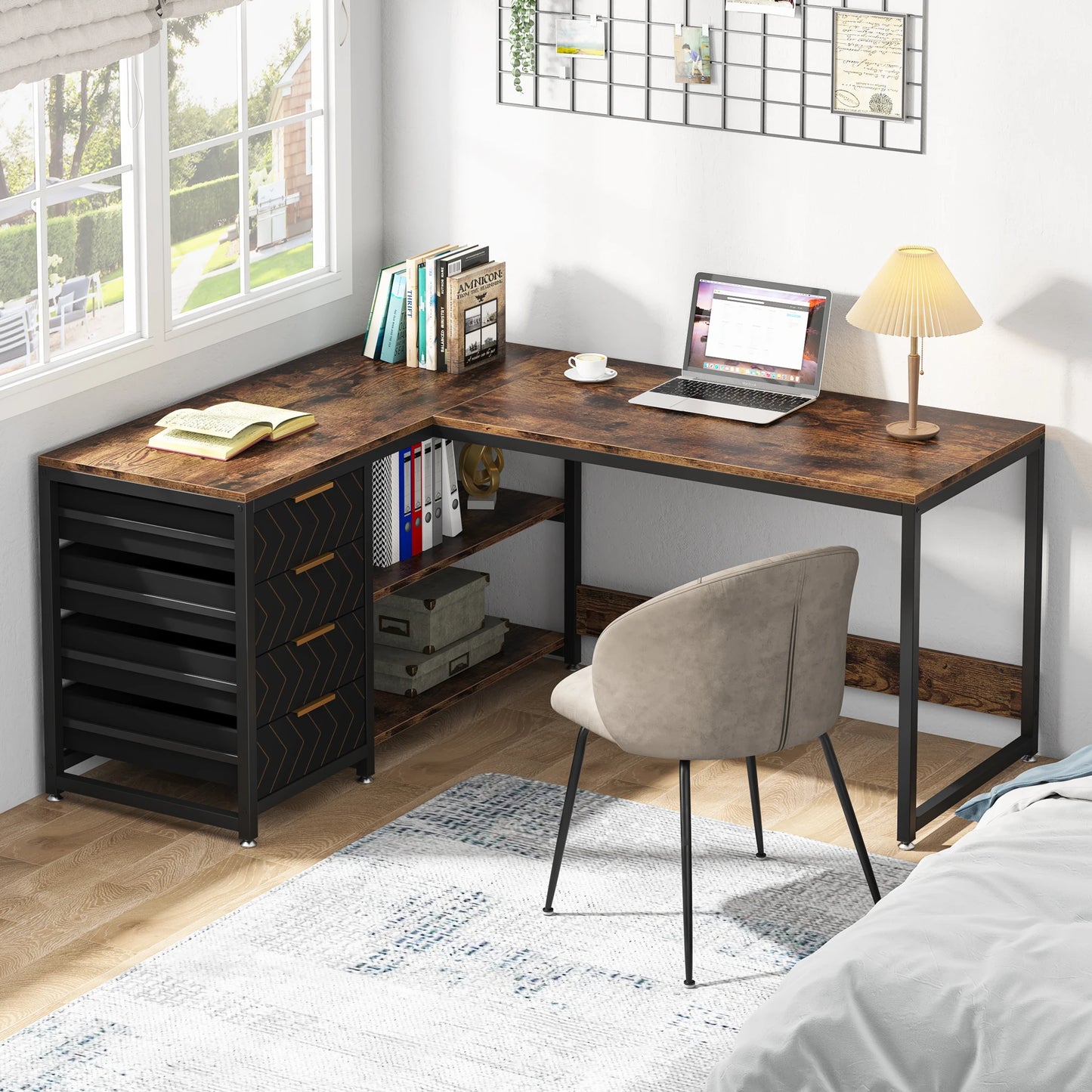 L Shaped Computer Desk with Storage Drawers