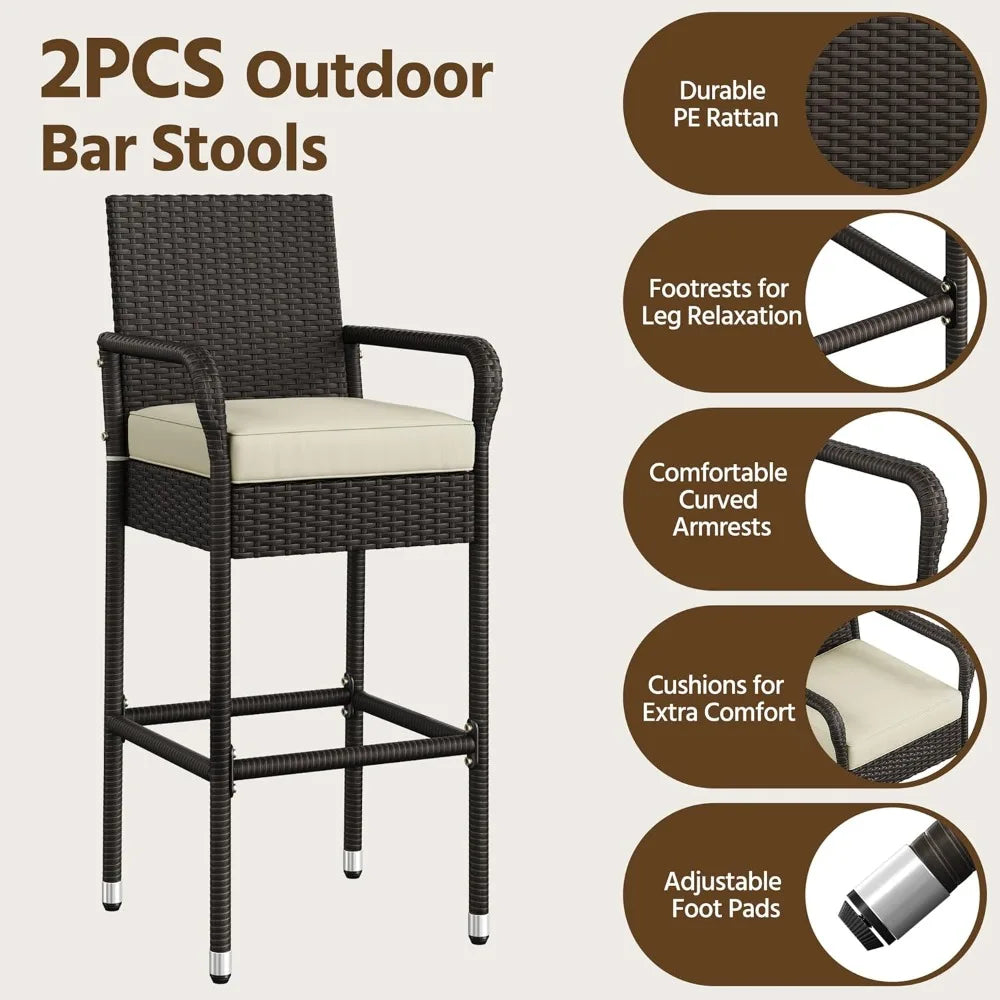 Outdoor bar stool 2-piece set, terrace wicker chair with armrests and footrests