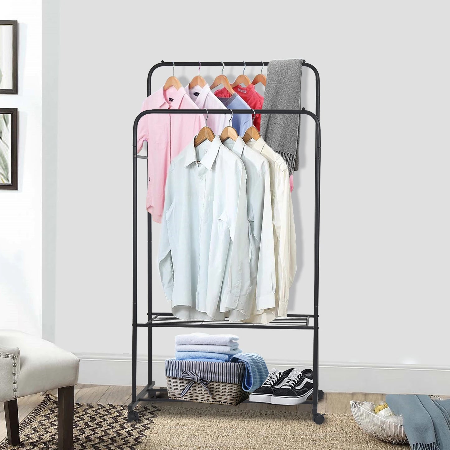 Rolling Cloths Rack Double Rail with Shoe Rack Shelf