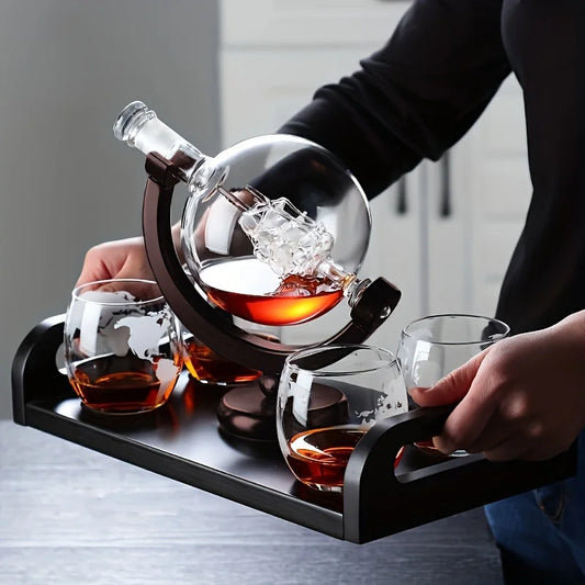 Globe Whiskey Decanter Set Lead-Free Crystal Carafe with Wooden Stand & 2 Glasses