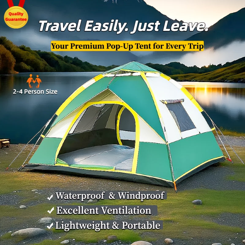 Green pop-up tent with yellow accents on a scenic lakeside background, featuring text about tent features and benefits.
