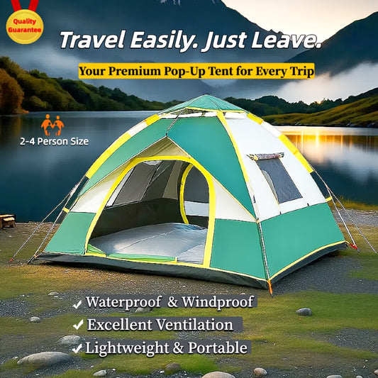 Green pop-up tent with yellow accents on a scenic lakeside background, featuring text about tent features and benefits.