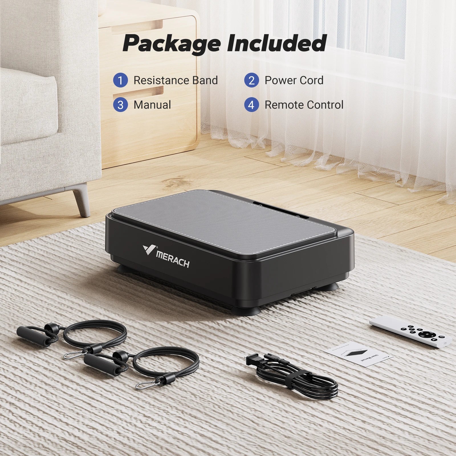 Black exercise device with resistance band, power cord, and remote control on a rug in a living room.