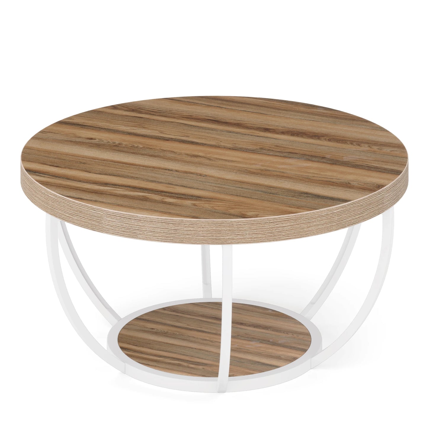 Round coffee tabletop view showing wood grain surface and white finish
