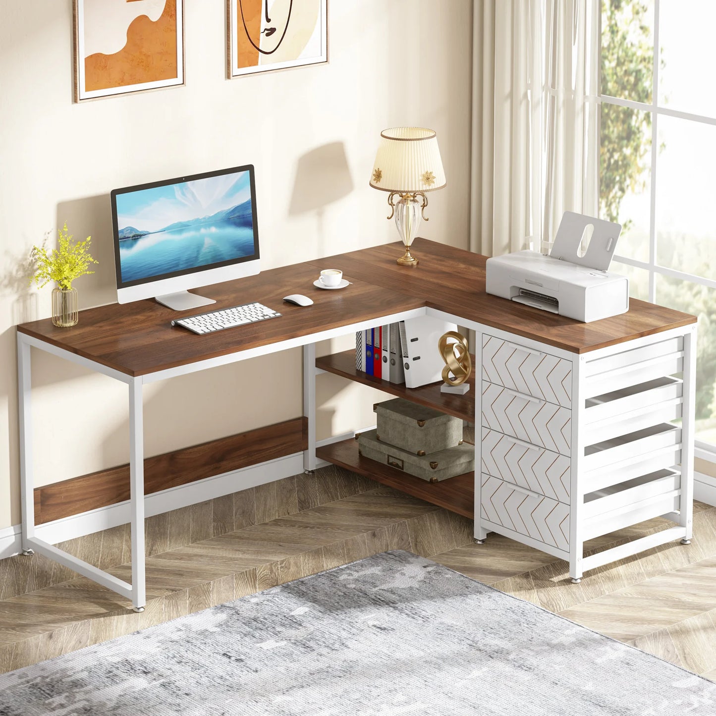 L shaped computer desk with storage drawers in white finish
