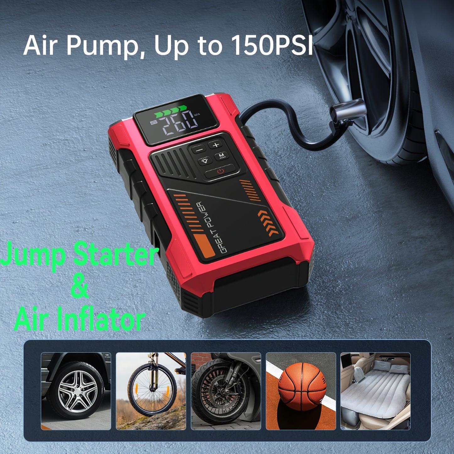 Portable Car Jump Starter with Air Compressor - 150 PSI Tire Inflator