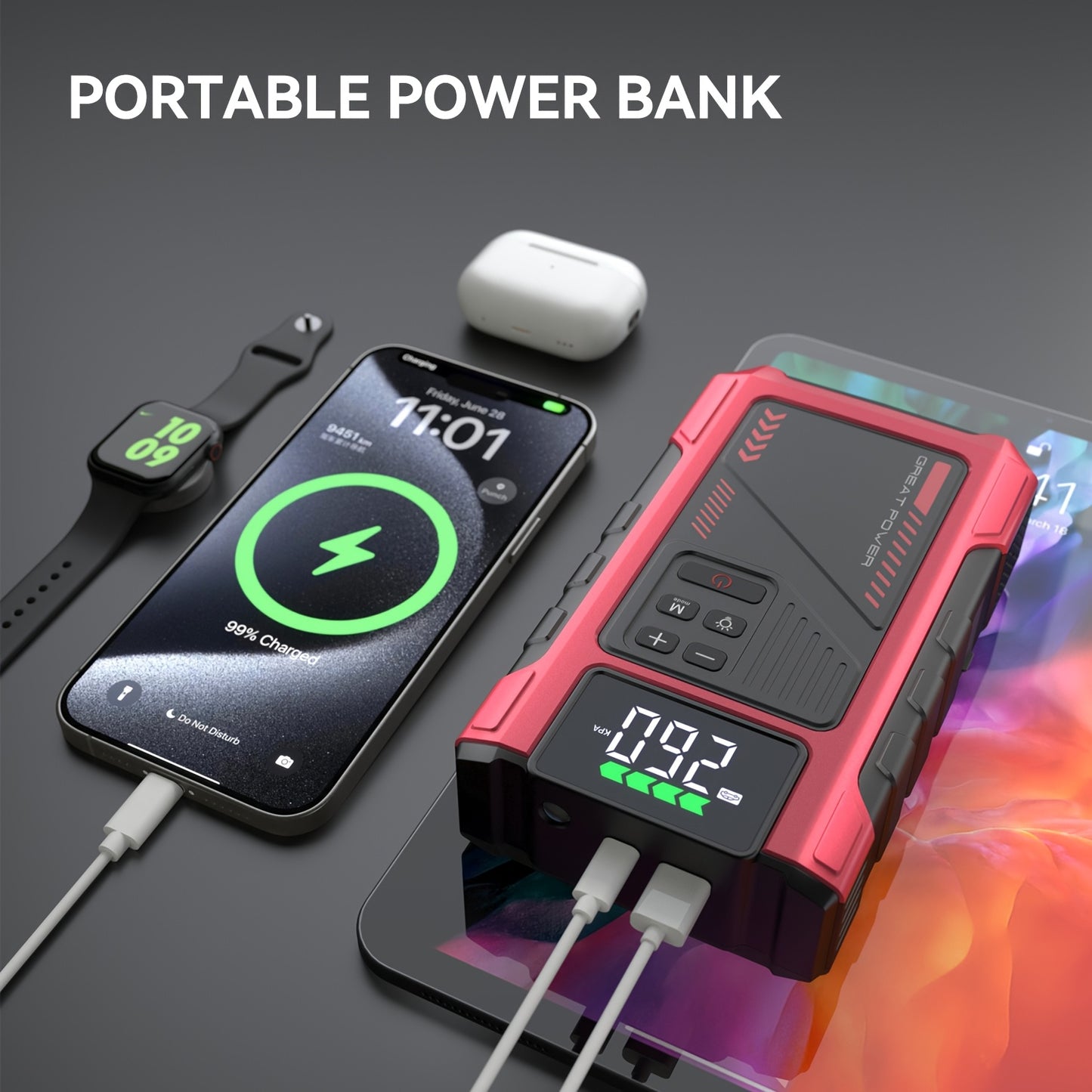 Portable Car Jump Starter with Air Compressor - 150 PSI Tire Inflator