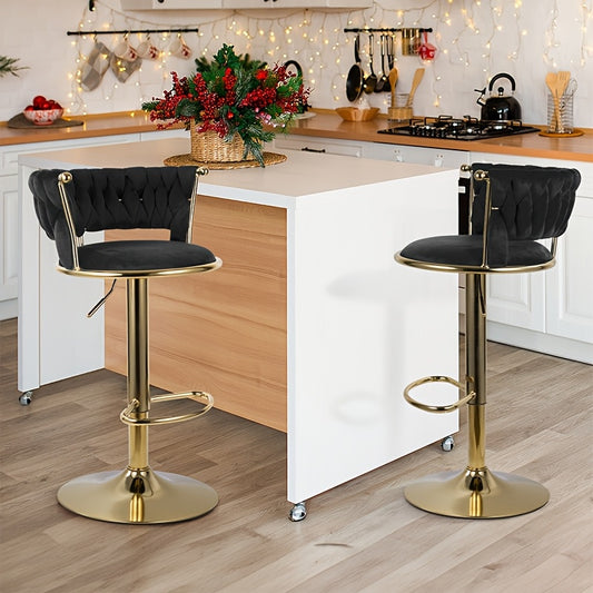 Modern Swivel Velvet Bar Stools - 360° Adjustable Height with Golden Metal Base