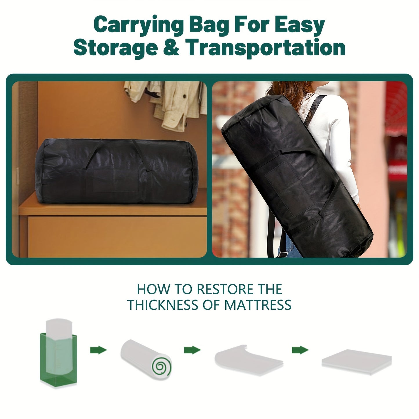 Carrying bag for easy storage and transportation with text on thickness restoration.