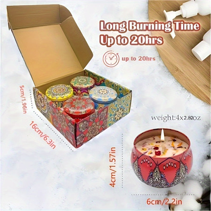 Decorative candles in a box with dimensions and weight information on a snowy background.
