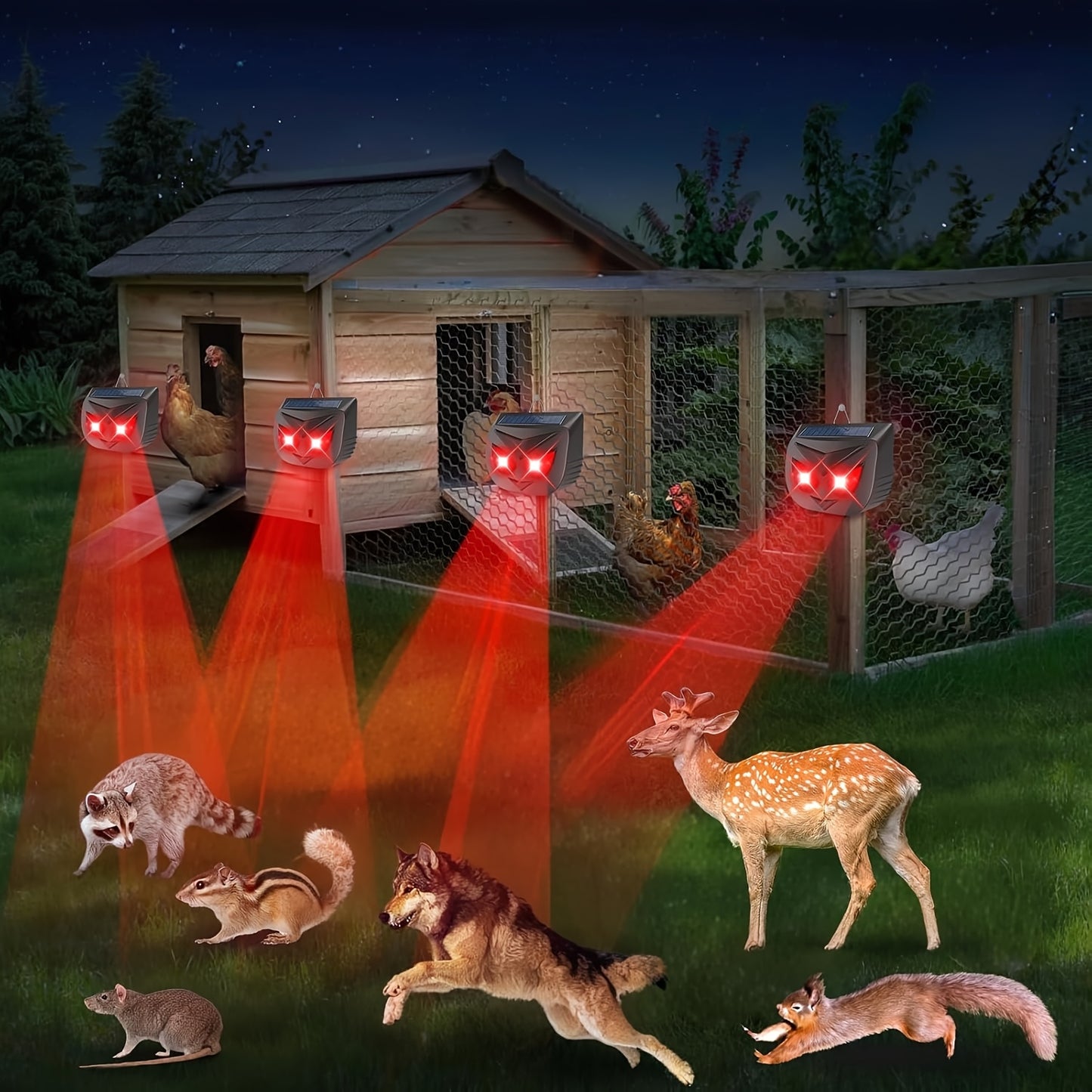 Outdoor scene with animals and a chicken coop illuminated by red light beams.