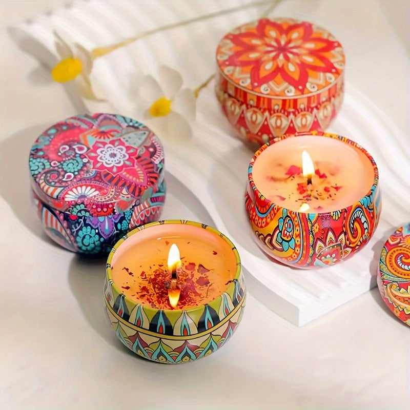 Colorful patterned candles on a white surface