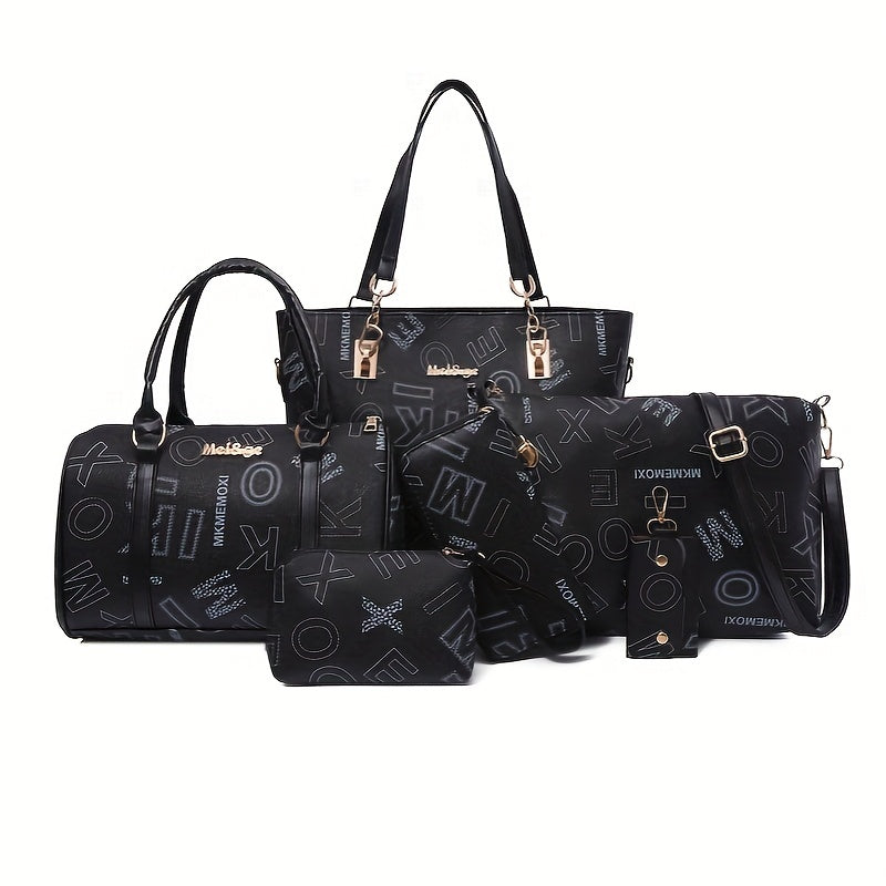 6-Piece Women's Bag Set - Retro Letter Print Handbag Collection