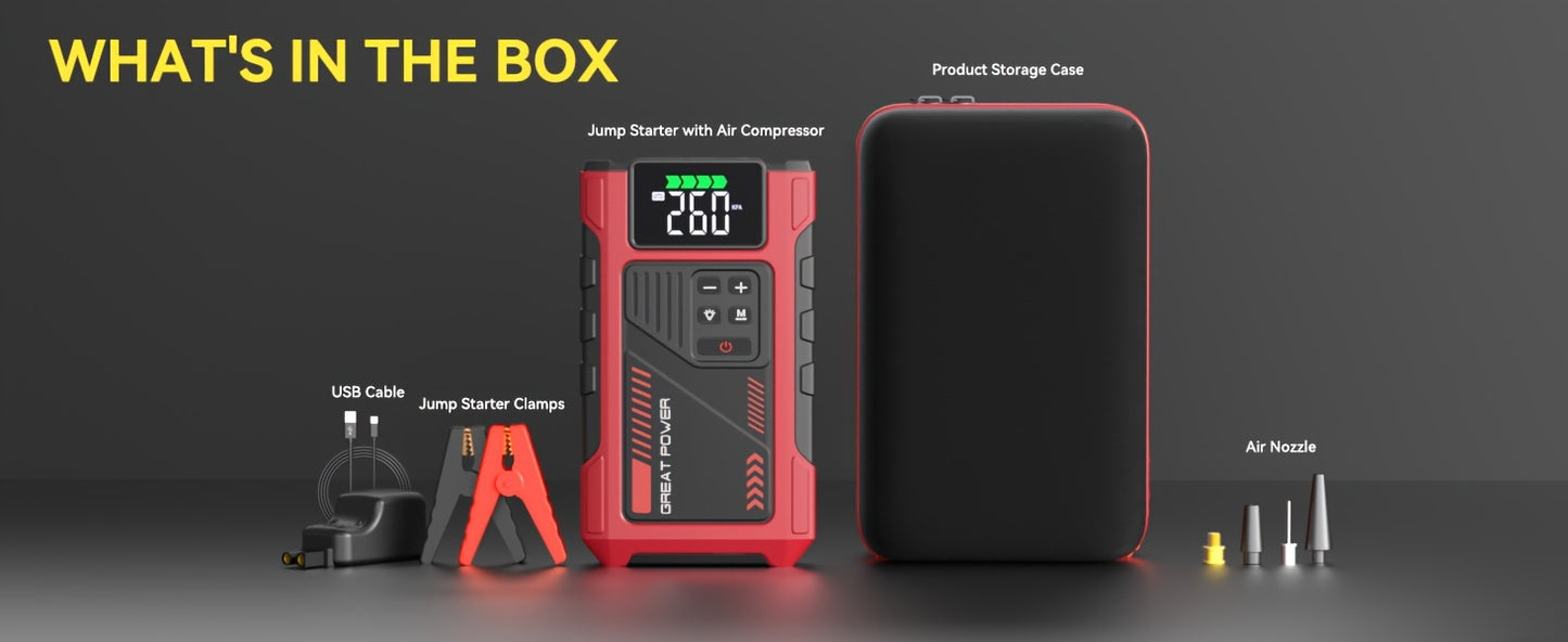 Portable Car Jump Starter with Air Compressor - 150 PSI Tire Inflator