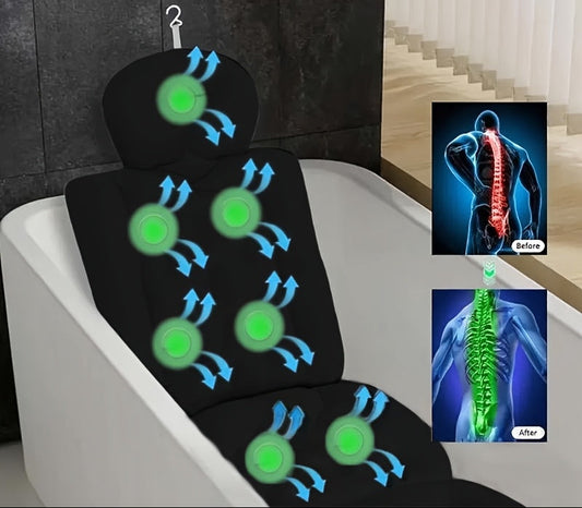 Ergonomic seat cover with massage points and spinal health graphics on a chair.