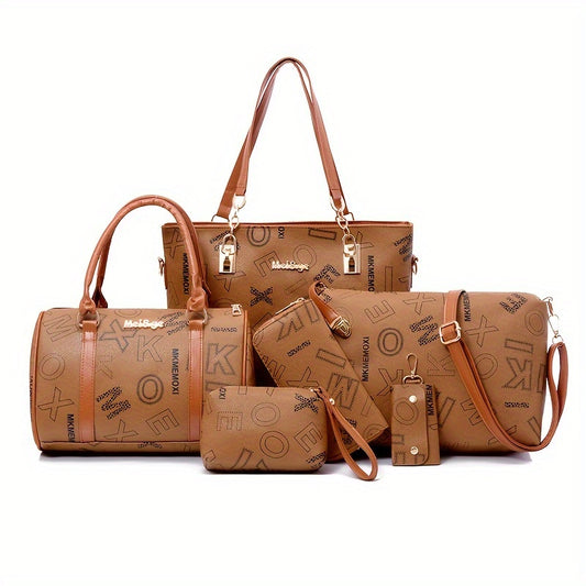 6-Piece Women's Bag Set - Retro Letter Print Handbag Collection