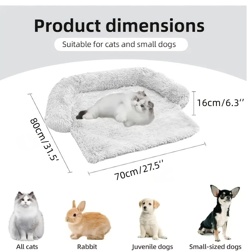 Pet bed dimensions suitable for cats and small dogs with size chart and animal illustrations.