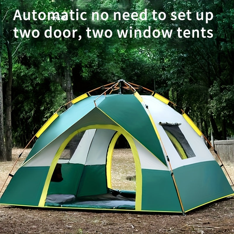Two-door, two-window tent set up in a forested area with text overlay.