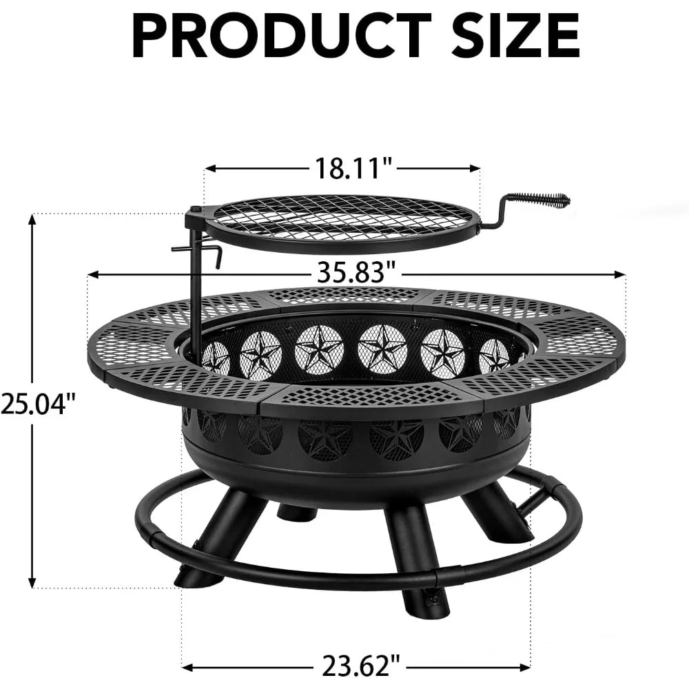 Black metal fire pit with dimensions labeled on a white background