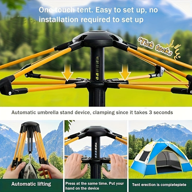 Automatic tent setup device with text on setting up a tent quickly.