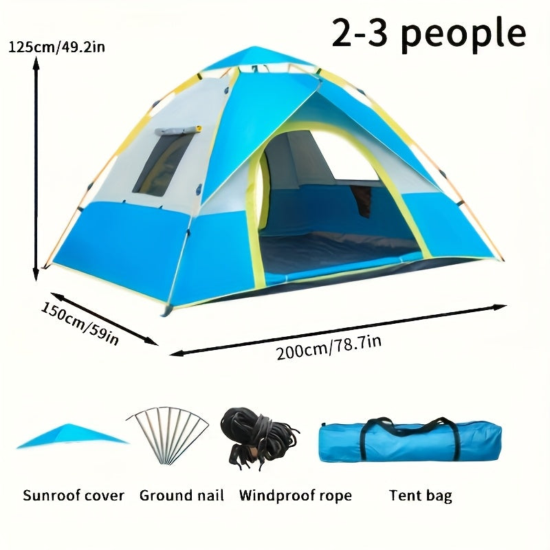 Blue camping tent with dimensions and accessories on a white background